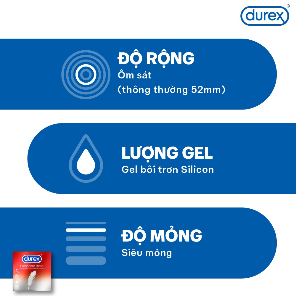 Bao cao su Durex Fetherlite Ultima 3 bao - Siêu mỏng , size 52mm cỡ vừa