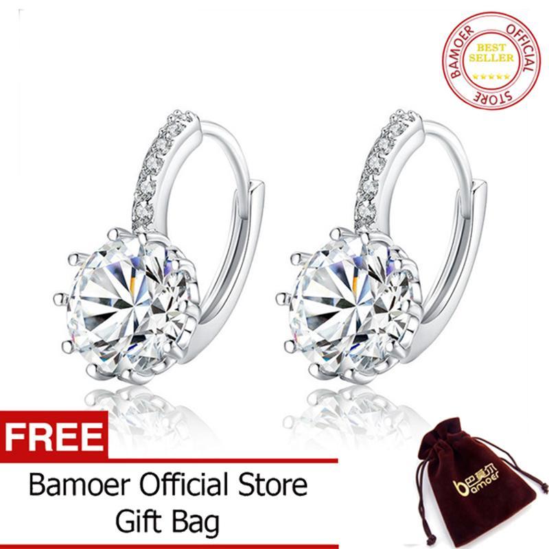 BAMOER Bông Tai Tròn Mạ Bạch Kim Đính Hạt Lâp Lánh YIE083