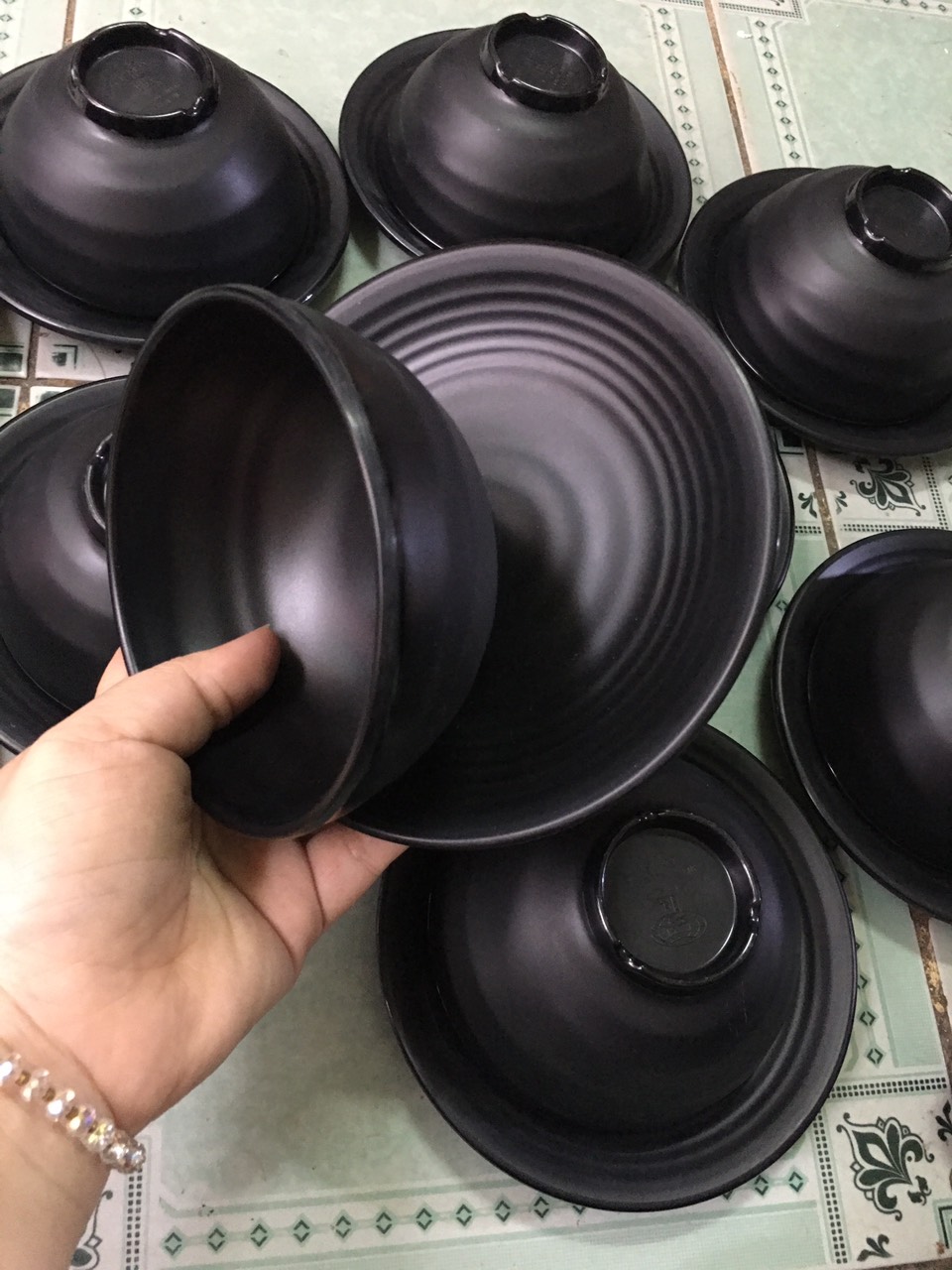 Bộ 10 chén dĩa nhựa Melamine nhám đen Size dĩa 15.0 x 2.0 cm ,chén Size 11.4 x 5.8 cm