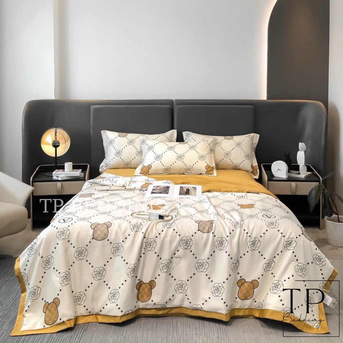 Bộ chăn ga gối phi lụa cao cấp thêu họa tiết Genji Decor