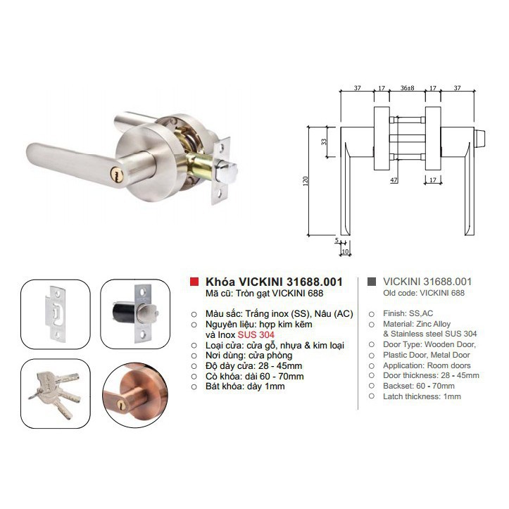 KHÓA TRÒN GẠT VICKINI 31688 SUS304