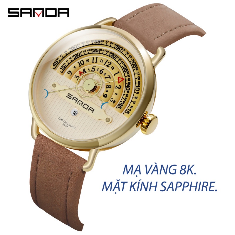 Đồng hồ nam sanda nhật bản hl40-m dây da bò mặt tròn hình kim xương cá tặng zịppo gold khắc jet ảnh cuối
