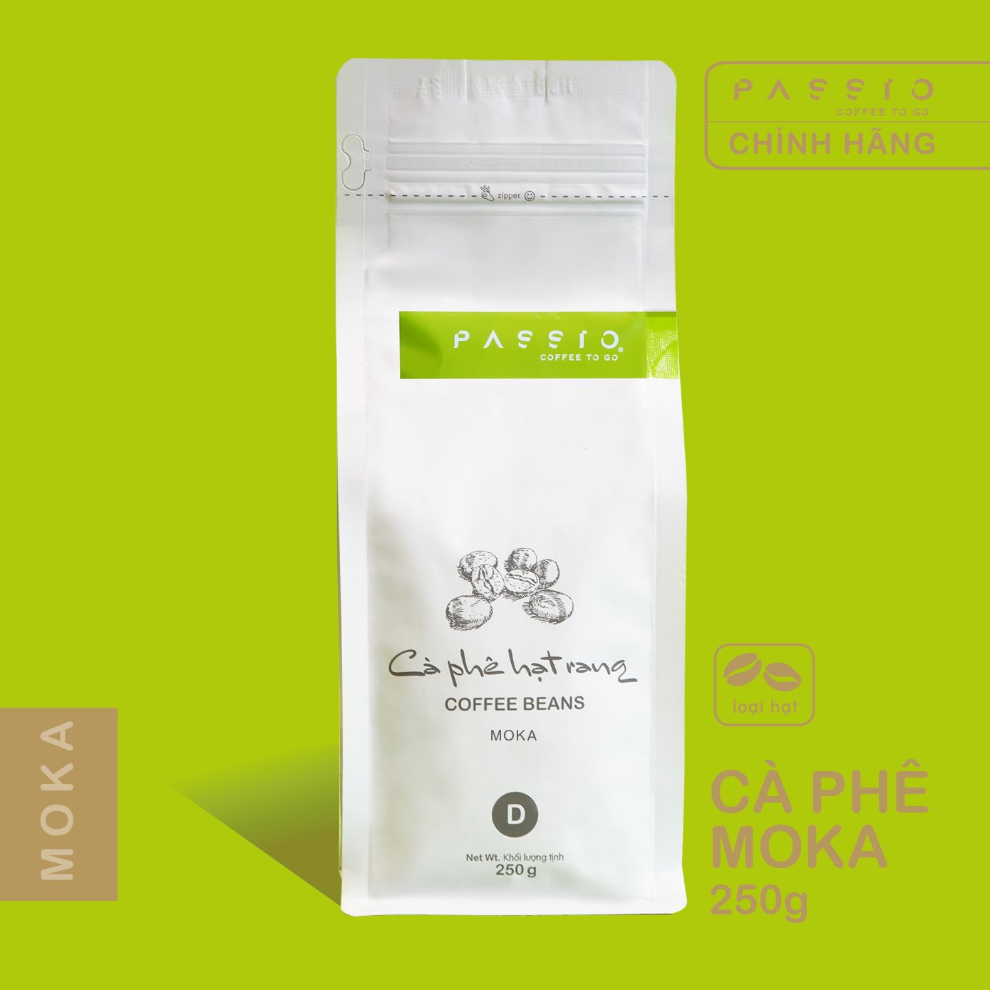 Cà phê Moka dang Hạt nguyên chất 100% rang mộc - Passio Coffee (250g)