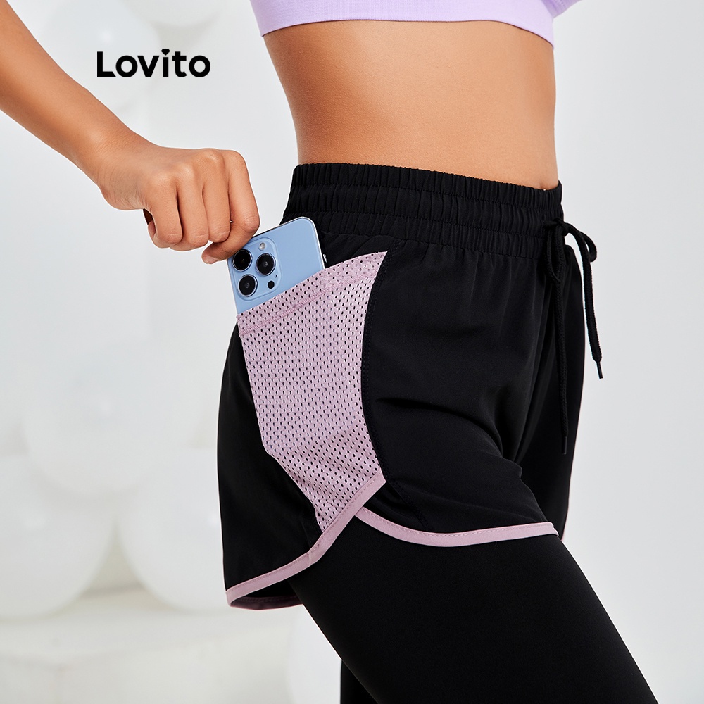 Quần thể thao Lovito form ôm vừa vặn buộc dây phối màu L13X097 (Màu tím nhạt)