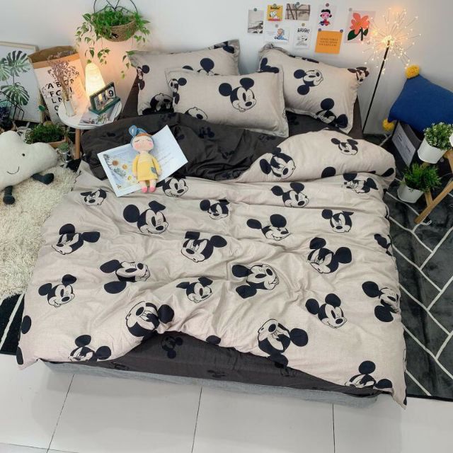 Bộ chăn ga gối cotton poly mẫu chuột mickey bộ chăn ga gối cao cấp nhập khẩu 5 món, 4 món sản phẩm chăn ga gối nệm dùng 4 mùa