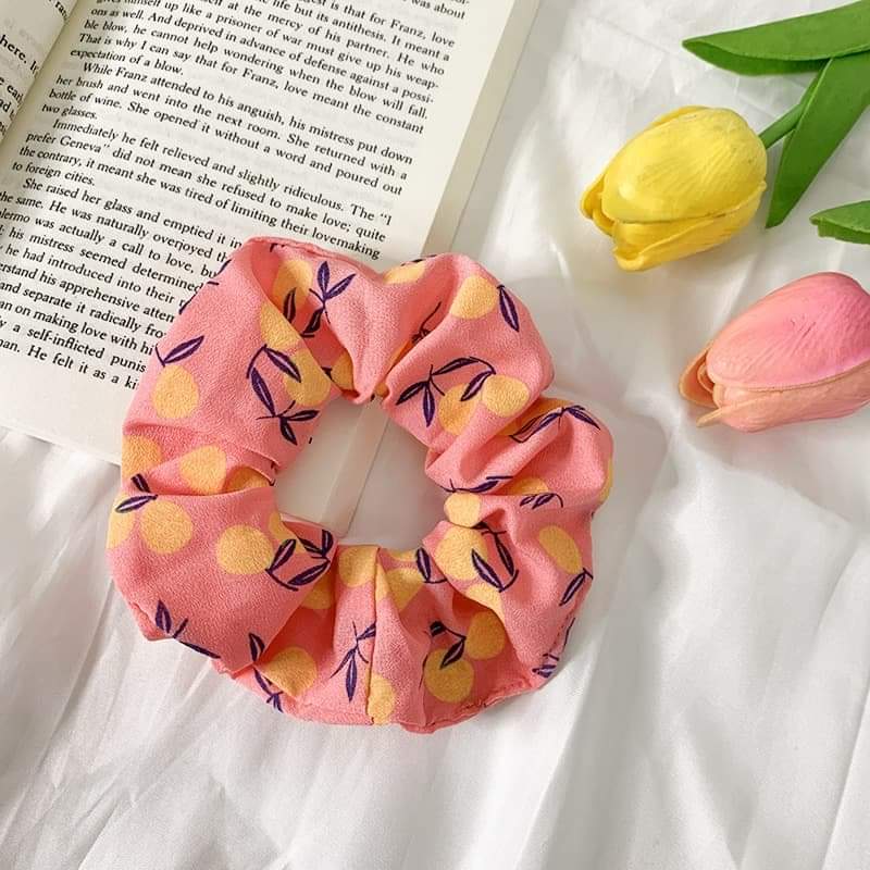 Scrunchies phong cách Hàn Quốc cột tóc vải bộ sưu tập trái cây 4 mùa sang chảnh dành cho bạn gái