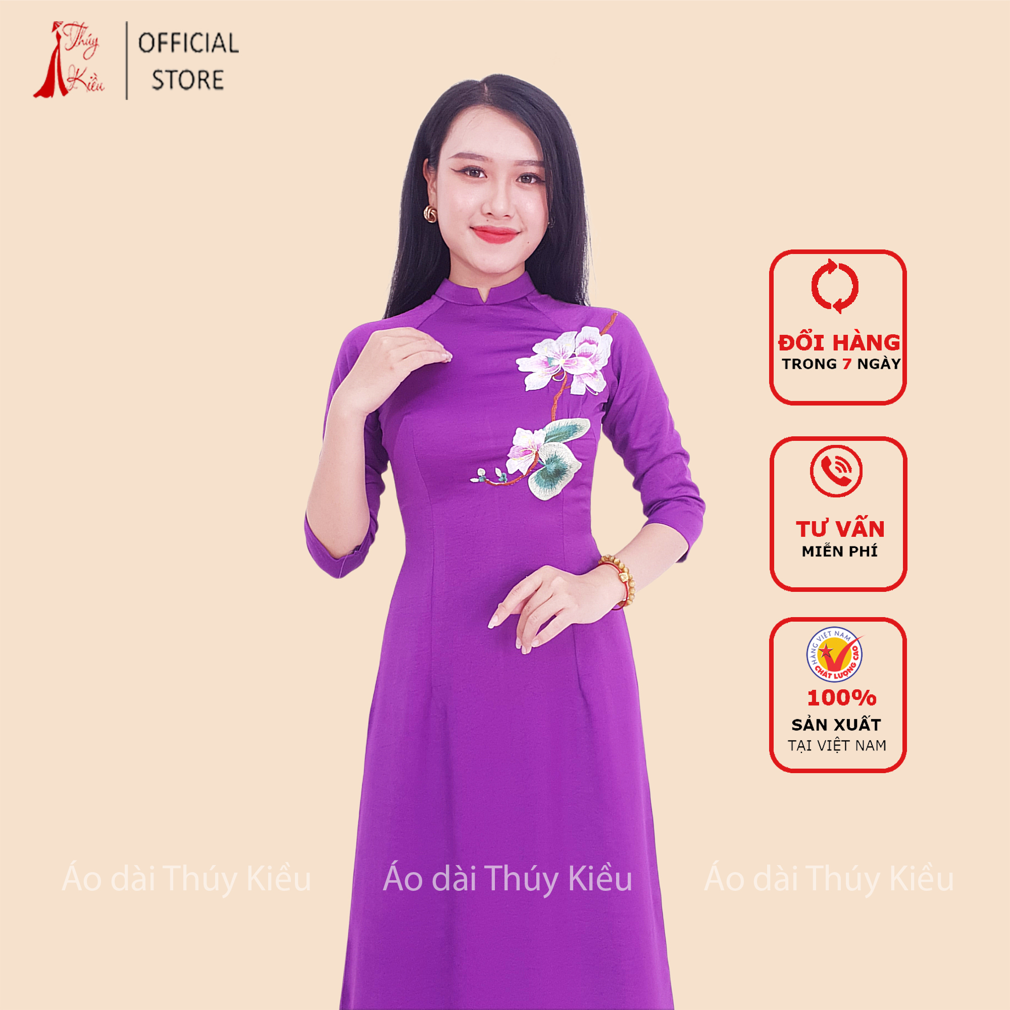 Áo dài lụa Tây Thi cổ 2 phân tím huế thêu hoa mộc lan AT33