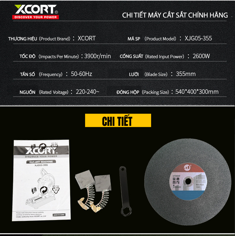 MÁY CẮT SẮT-MÁY CẮT SẮT 2600W-355MM XCORT-MÁY KHỎE