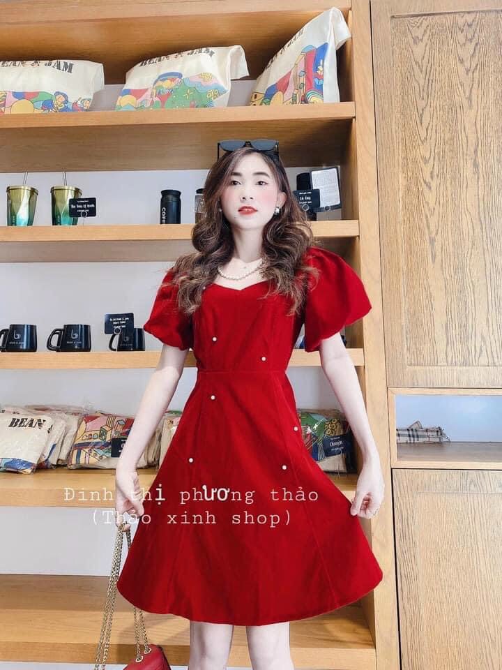 [HCM]Đầm xòe tay phồng cổ vuông kết cườm  #damtayphong