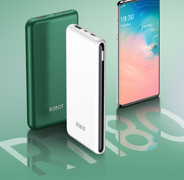 Pin dự phòng Robot RT180 dung lượng cao 10000mah cục sạc nhỏ gọn siêu mỏng siêu nhẹ 2 cổng sạc vào 1 cổng sạc ra chất lượng