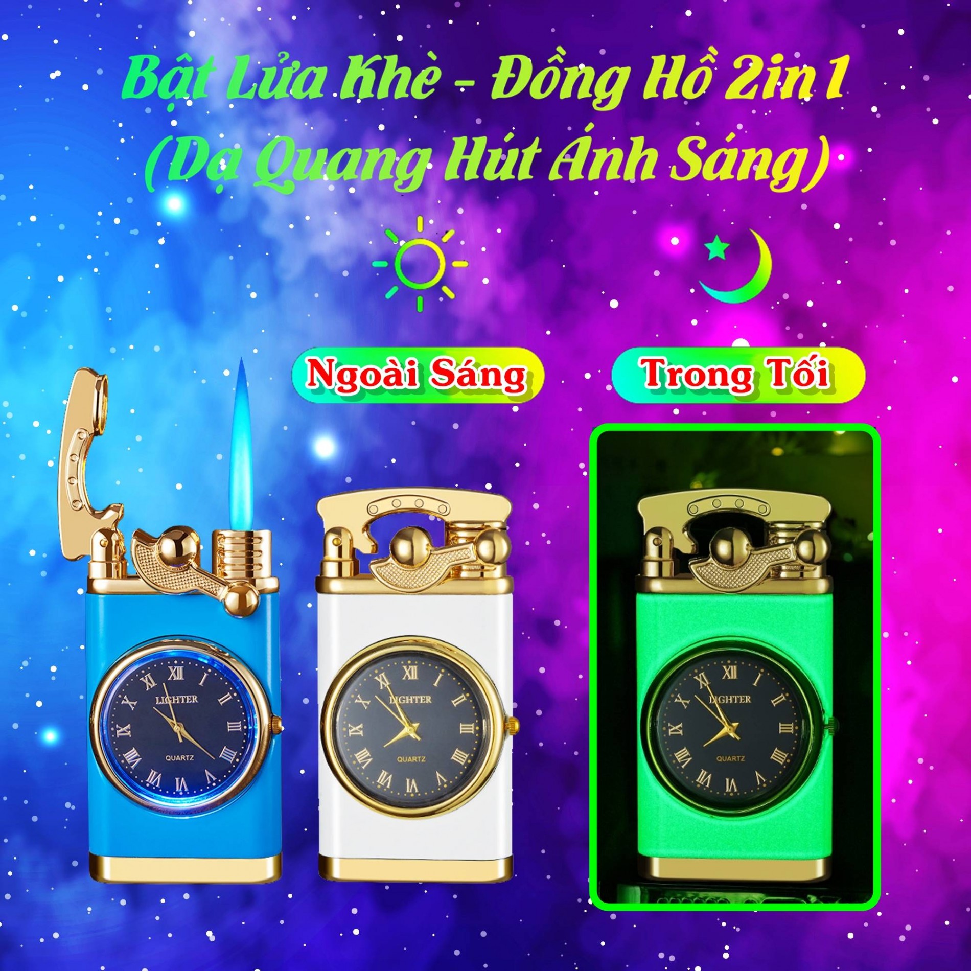 Bật lửa khè - đồng hồ 2in1 búng tay dạ quang hút ánh sáng -