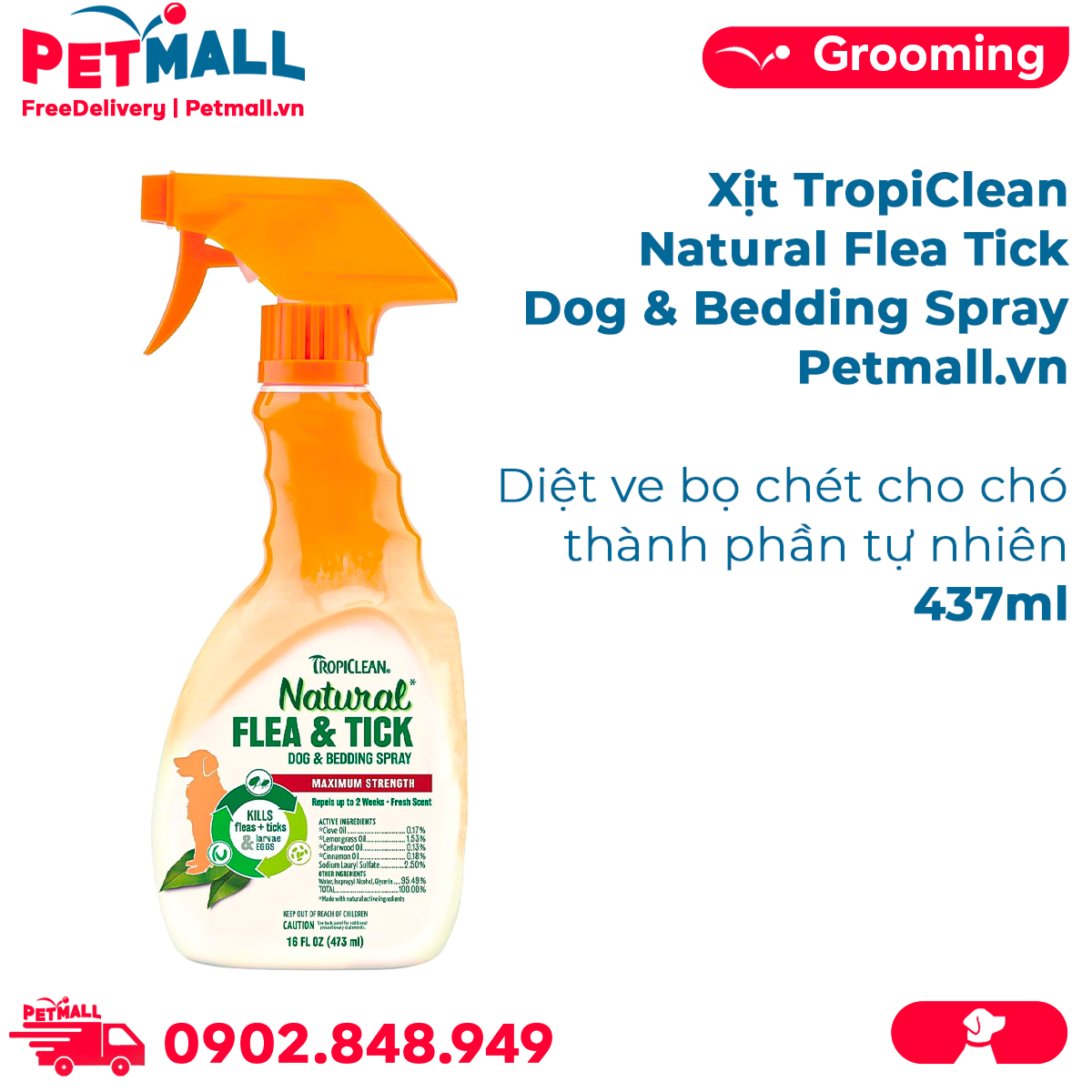 Xịt TropiClean Natural Flea Tick Dog & Bedding Spray 473ml - Diệt ve bọ chét cho chó thành phần tự nhiên Petmall