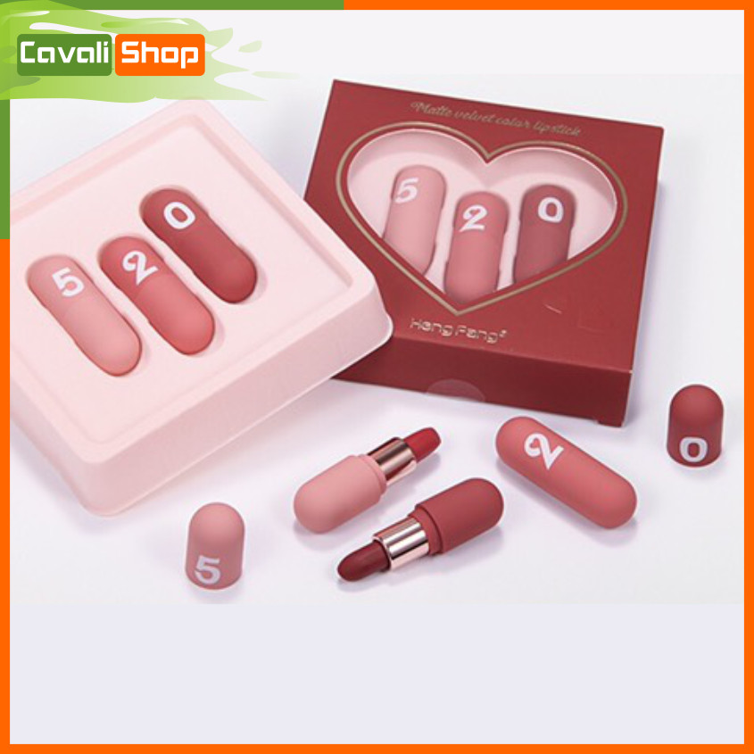 [TẶNG KÈM SON DƯỠNG TRÁI CÂY] Set son 3 cây Hengfang 520 – Cavali – thiết kế hình trụ đáng yêu chất son lì không khô môi kháng nước