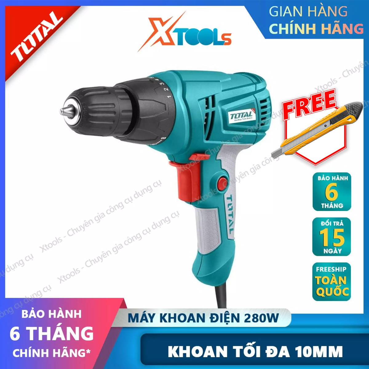 Máy khoan cầm tay Total TD502106 công suất 280w, tốc độ750 rpm khả năng khoan 10 mm, đầu khoan tự động: 10mm, điện áp 220v máy bắn vít