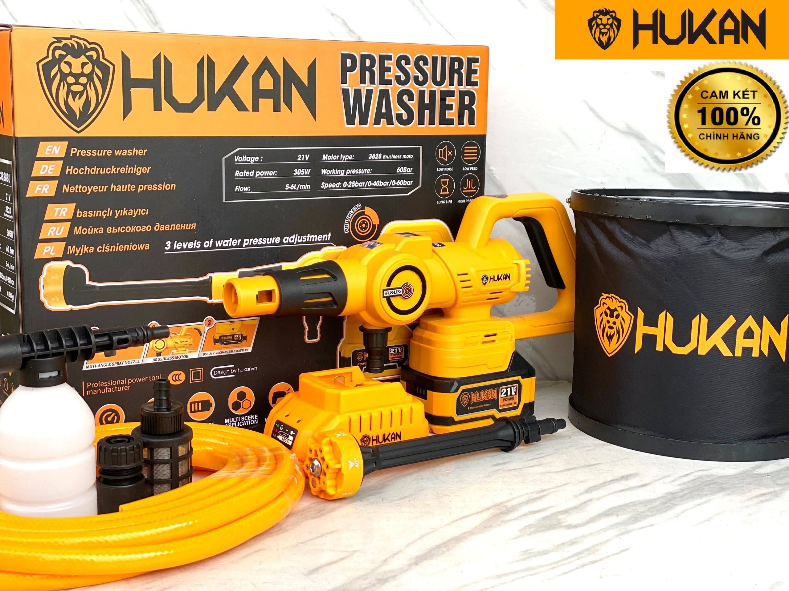 Máy rửa xe pin Hukan HK 3828PL không chổi than siêu mạnh Pin 10 cell tặng kèm pet xoay 6tia áp lực 60bar