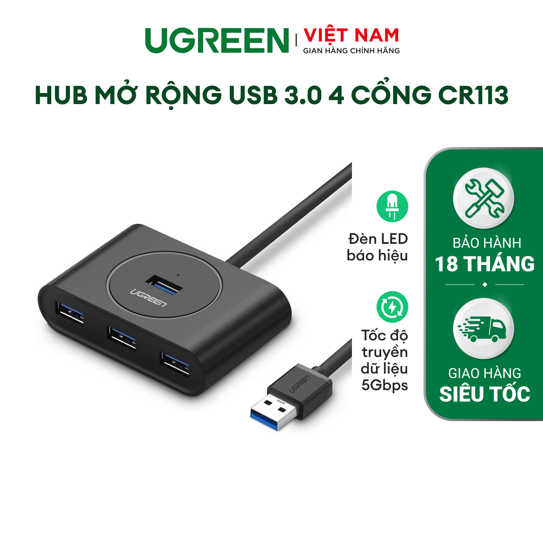 Hub USB 3.0 4 cổng tốc độ 5Gbps UGREEN CR113 dài 30cm 20290 - Hãng phân phối chính thức