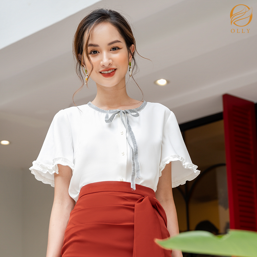 [KHUYẾN MẠI SỐC] Áo sơ mi nữ bèo tay lỡ nơ cổ OLLY OBA20.005