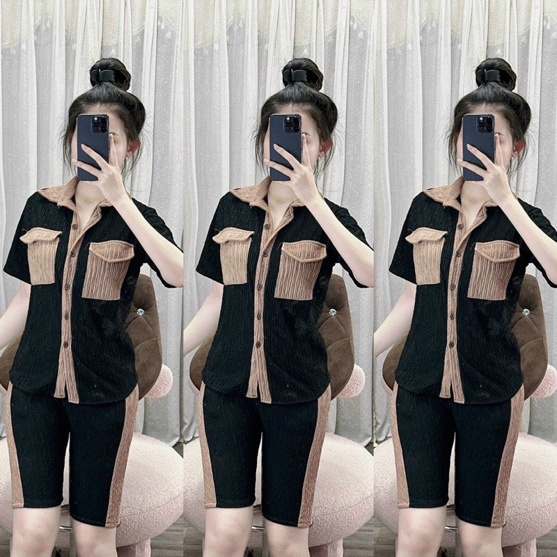 Sét bộ nữ áo cổ bẻ cài nút và quần đùi lững chất vải thun xốp