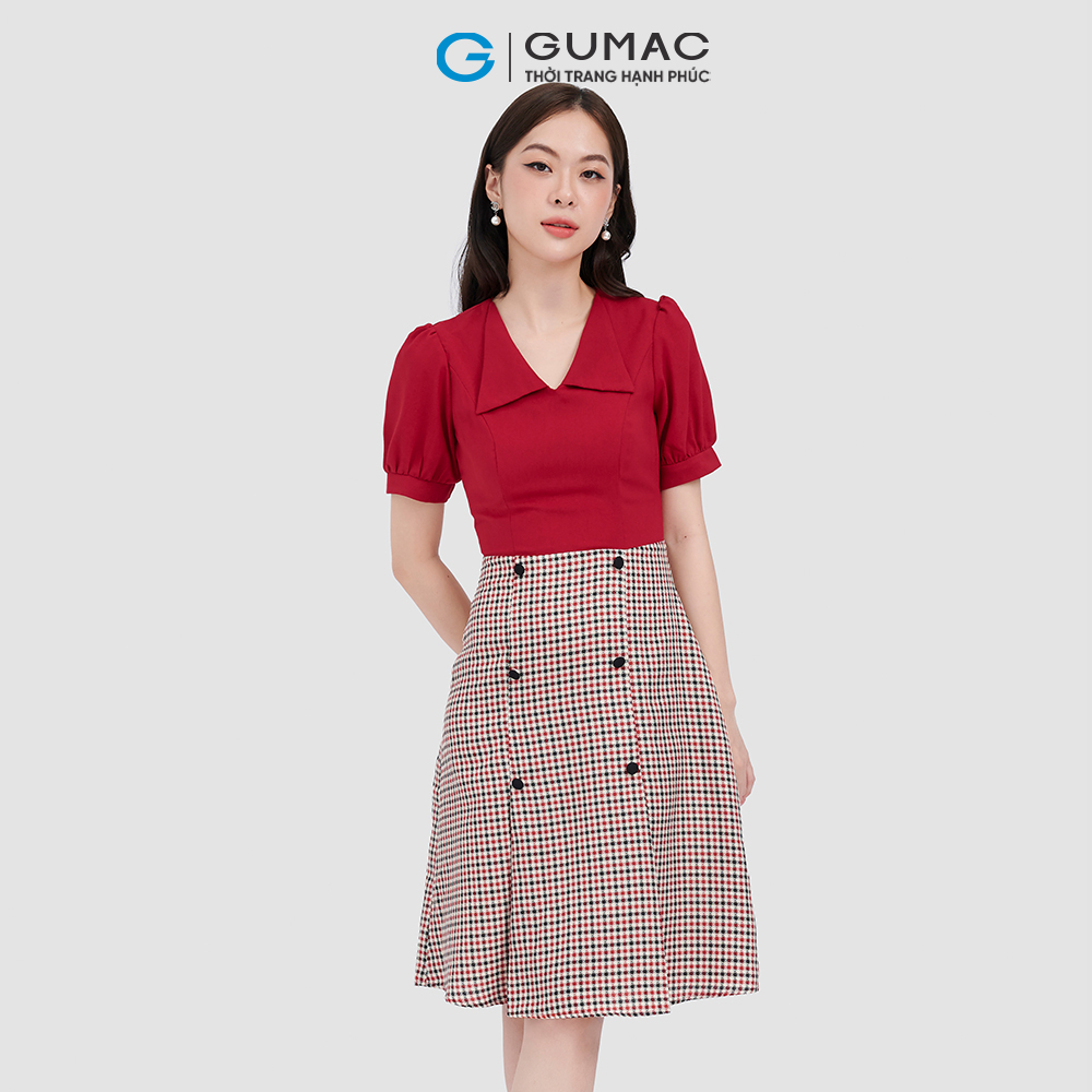 Đầm form A cổ bẻ phối nút GUMAC LD1014