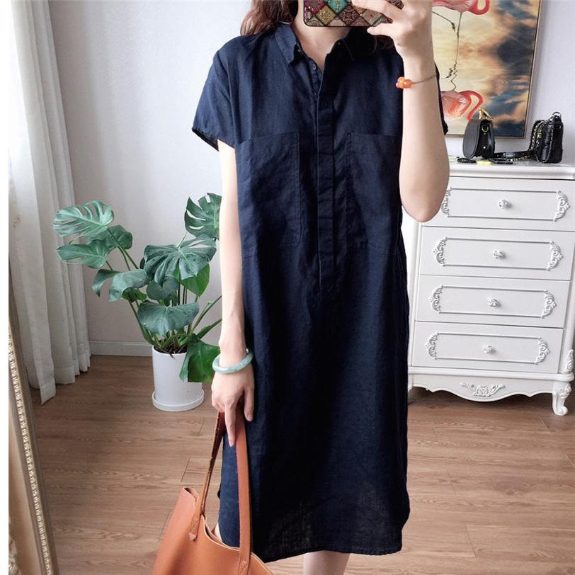 Đầm linen dáng suông cổ sơ mi 2 túi ốp ngực trẻ trung, thời trang hè thu 2021 - Xanh than