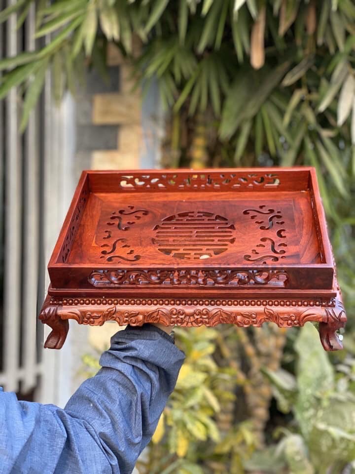 Khay trà rồng trầu,Khay trà chân quỳ gỗ hương cao 12cm cỡ 45x35 và 38x36