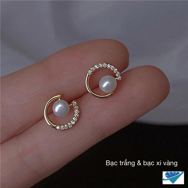 Bông tai bạc tròn gắn trai chất liệu bạc s925 MS06