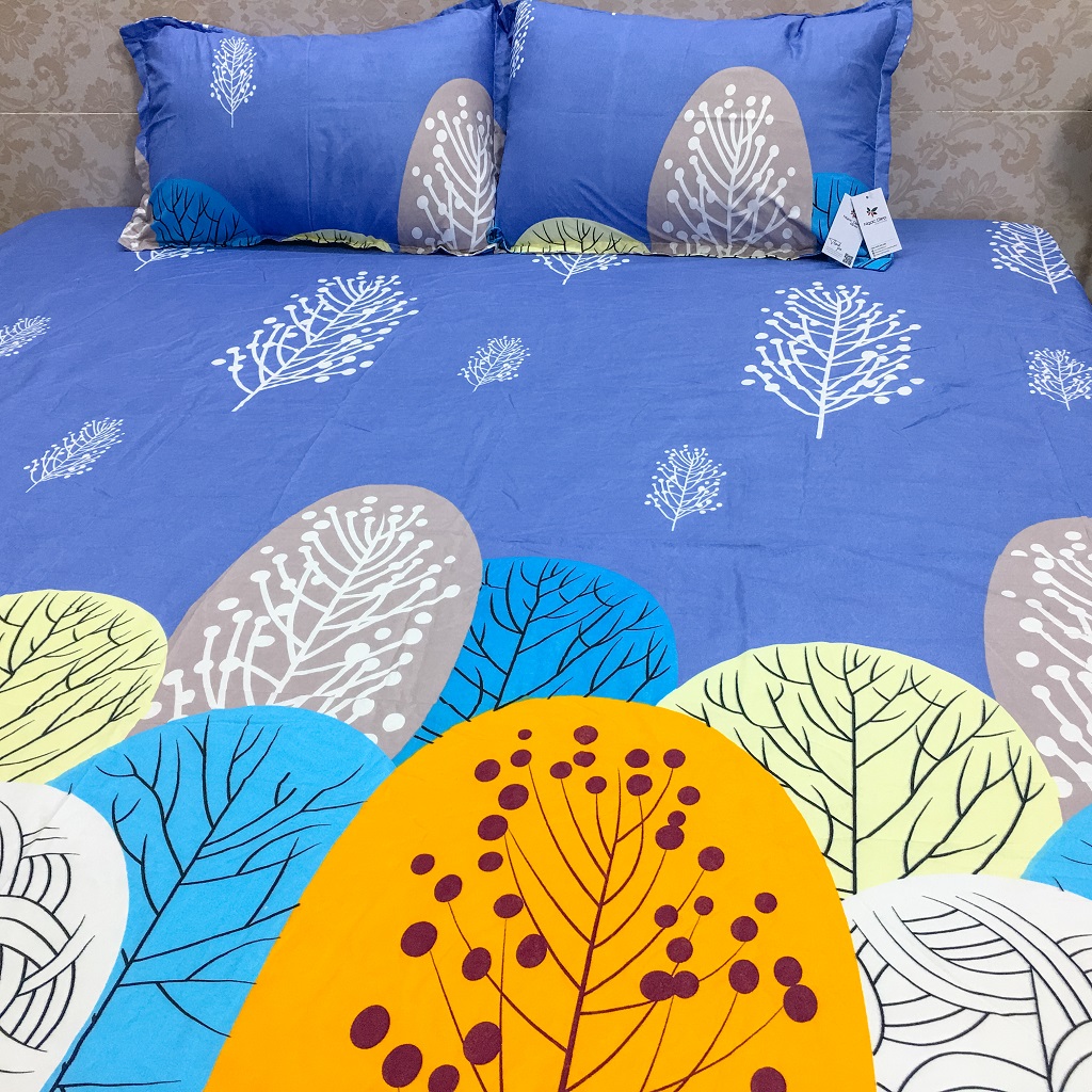 Trọn bộ 4 món ga gối poly cotton ( 1 ga giường + 2 vỏ gối nằm + vò gối ôm) mẫu Lá Cọ