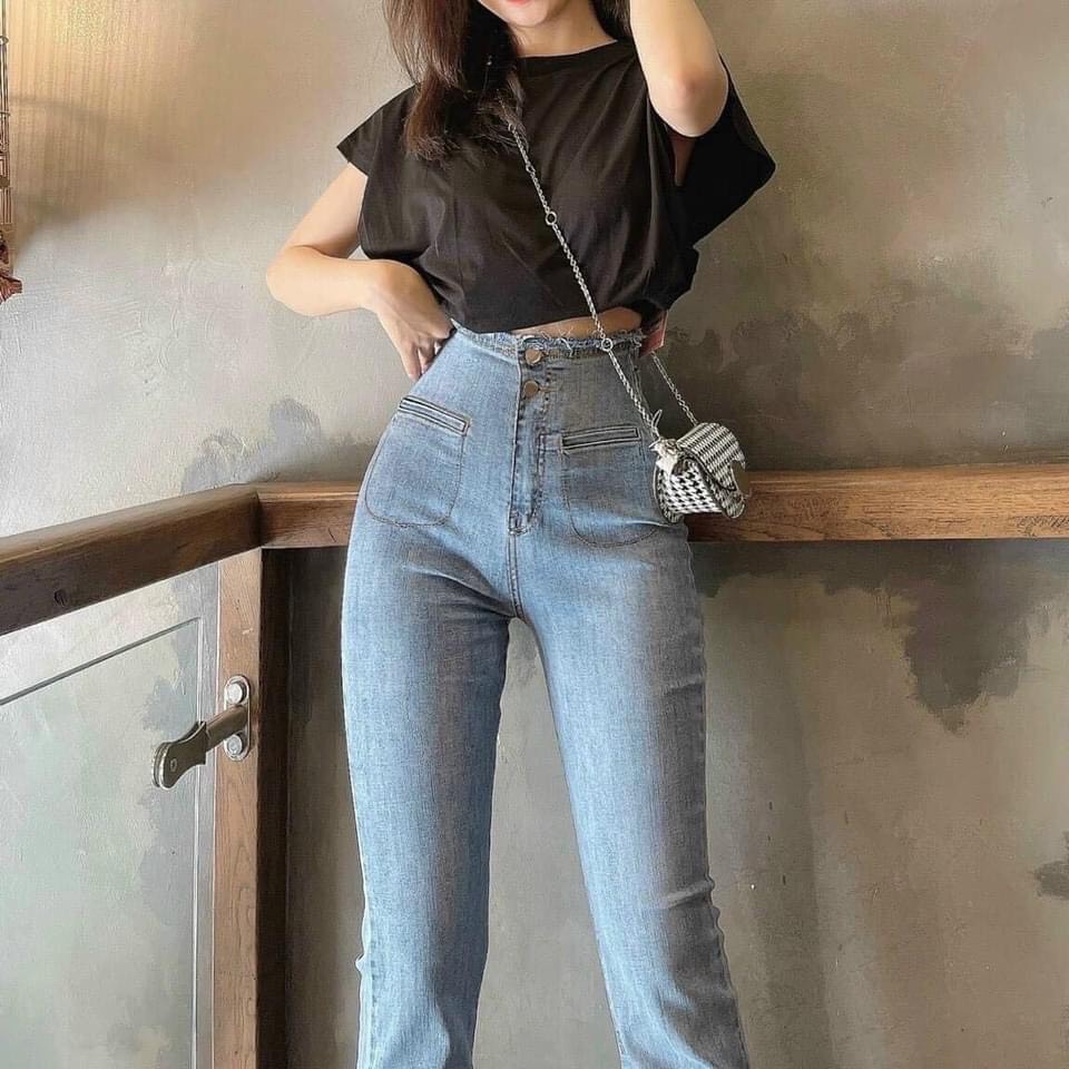 quần bò jean ống loe dáng dài cạp siêu cao