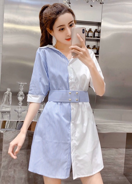 Đầm sọc phối trắng v3
