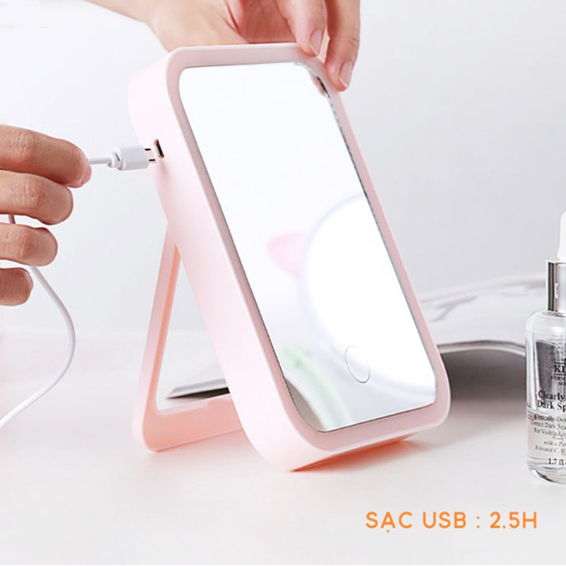Gương trang điểm để bàn mini cảm ứng có đèn led 3 CHẾ ĐỘ MÀU, gương led để bàn hình chữ nhật cảm ứng với 3 chế độ sáng