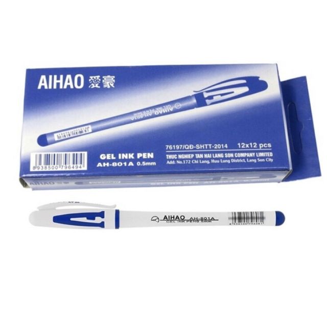 Bút Gel chữ A ( AIHAO ) AH-801A 0.5mm  ( mực xanh /tím /đỏ / đen ) hộp gồm 12 cây mực đều đậm