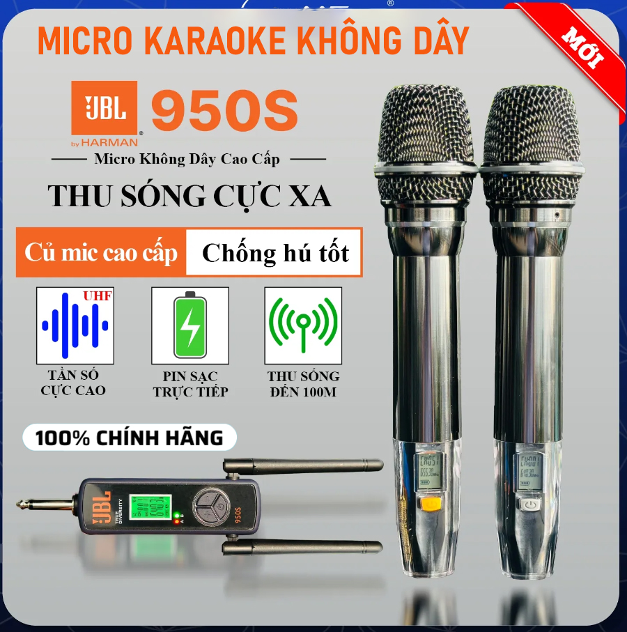 (SIÊU SALE ĐÓN TẾT) MICRO KHÔNG DÂY ĐA NĂNG JBL 950S - Tích Hợp Pin Xạc Trên Mic Chống Hú Sóng UHF