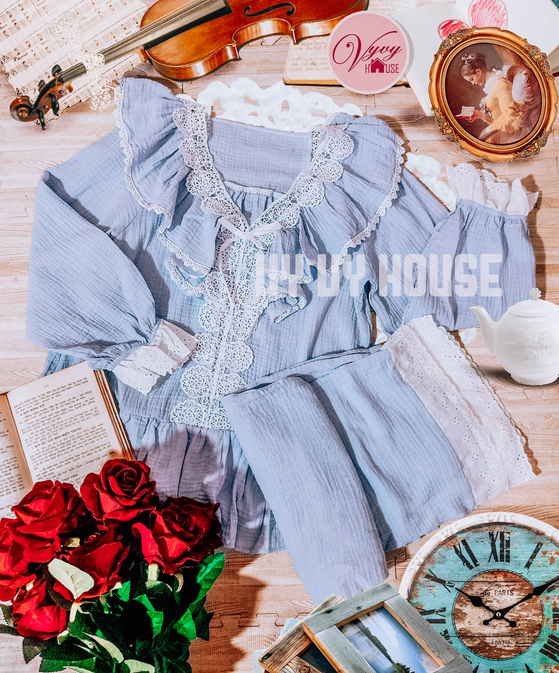 Set bộ mặc nhà phối ren tiểu thư quảng châu