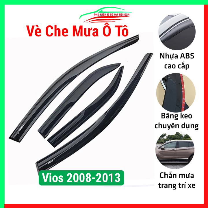 Vè che mưa ô tô Vios 2008-2013 Đen, nhựa ABS chắn mưa, cản bụi tốt băng keo chắc chắn