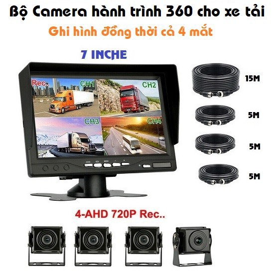 Camera hành trình 360 Full HD cho xe tải, xe khách, xe đầu kéo container - màn hình LCD 7inch - 4 Mắt Camera AHD Siêu Nét