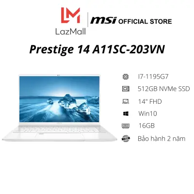 Laptop MSI Prestige 14 A11SC-203VN (i7-1195G7 Gen 11th | 16GB DDR4 | SSD 512GB PCle | VGA GTX 1650 4GB | 14.1 FHD IPS | Win10| Pure White) - Hàng Chính Hãng - Bảo hành 2 năm