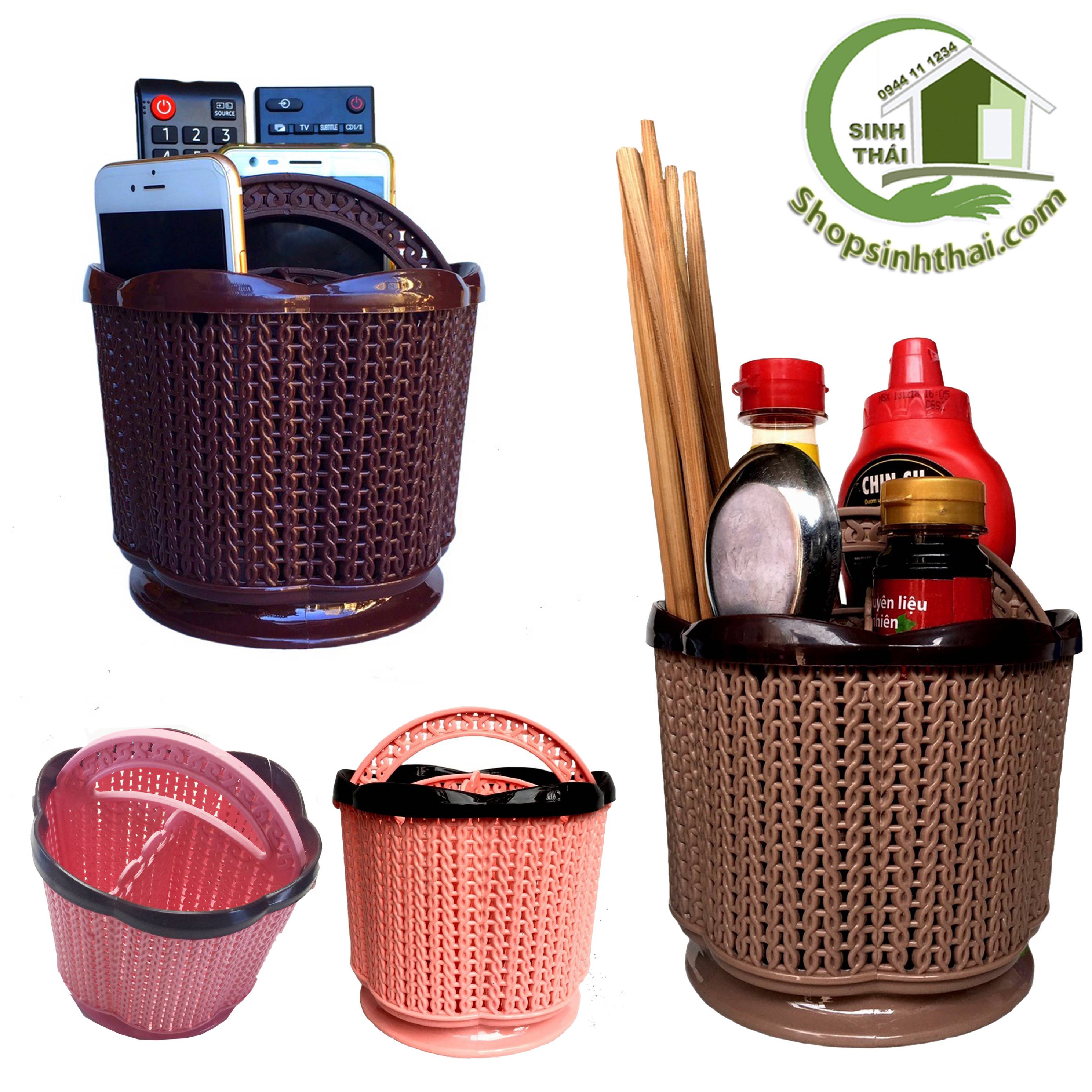 [HCM]Rổ nhựa tròn có quai xách - giỏ nhựa hoa đựng bút viết điện thoại gia vị mỹ phẩm - 14x15cm