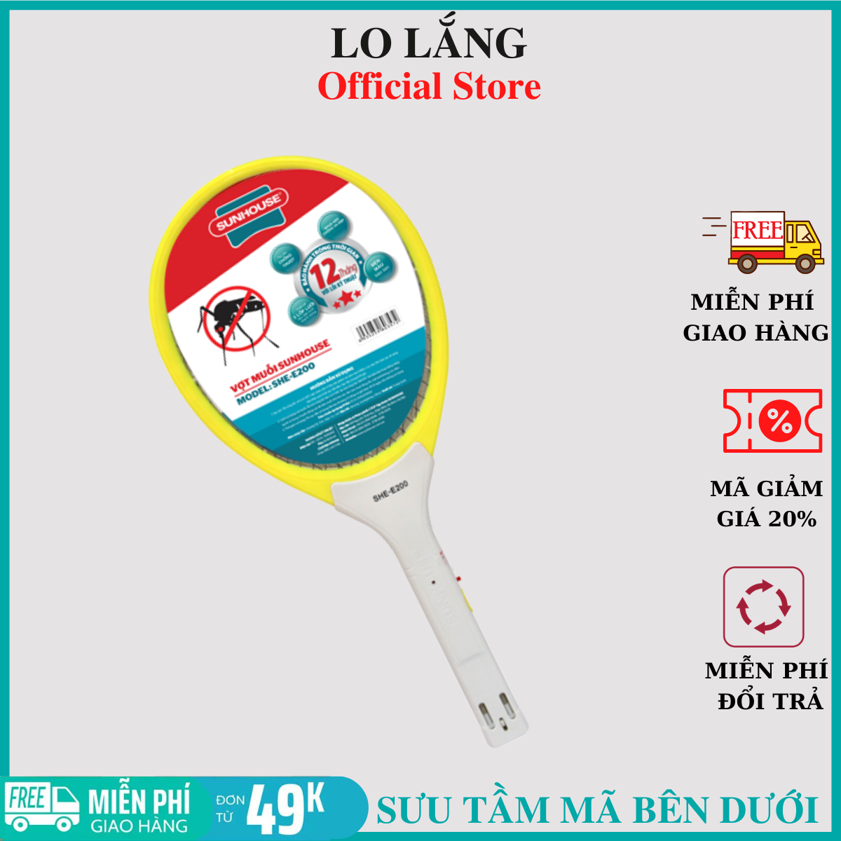 Vợt muỗi Sunhouse SHE nhựa ABS công suất cực mạnh cao cấp chính hãng