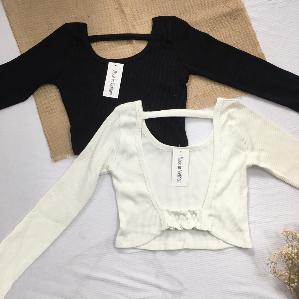 [Ảnh thật] Áo croptop thun gân tay dài hở lưng