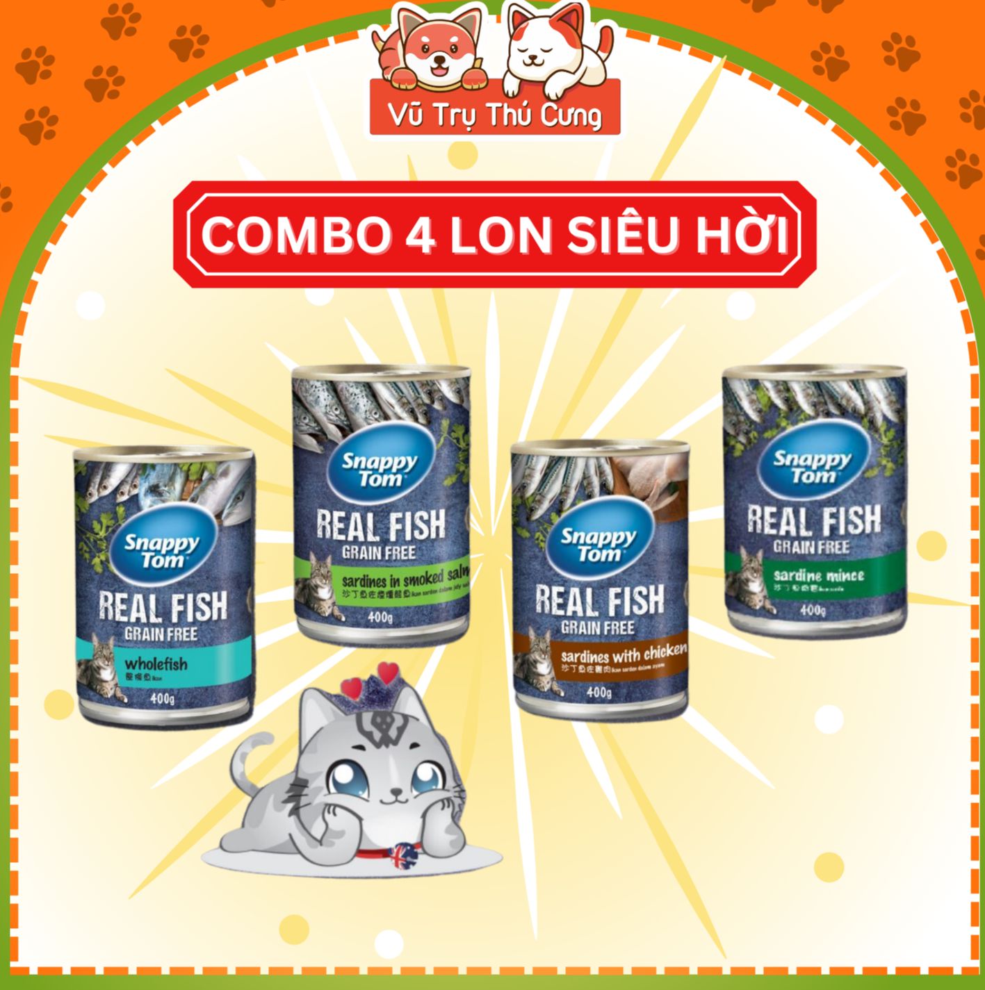 Combo 4 lon Pate Lon Snappy Tom Real Fish cho Mèo 400g với hàm lượng dinh dưỡng cao từ cá trích thật