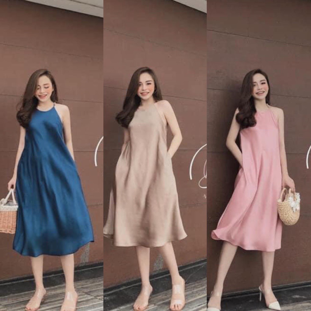 Váy maxi cổ yếm dáng suông chất lụa 3 màu sang chảnh