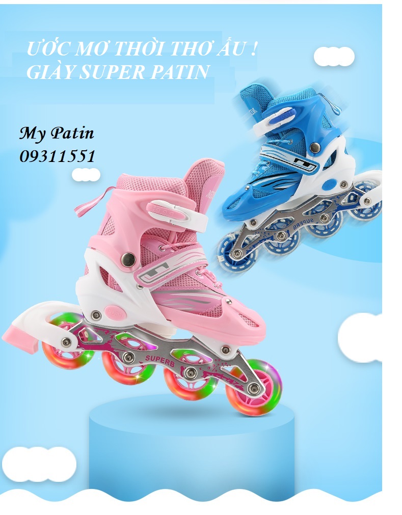 Mua Giày patin trẻ em super siêu rẻ tặng kèm bảo hộ, giày trượt patin điều chỉnh size to nhỏ cho bé trai bé gái