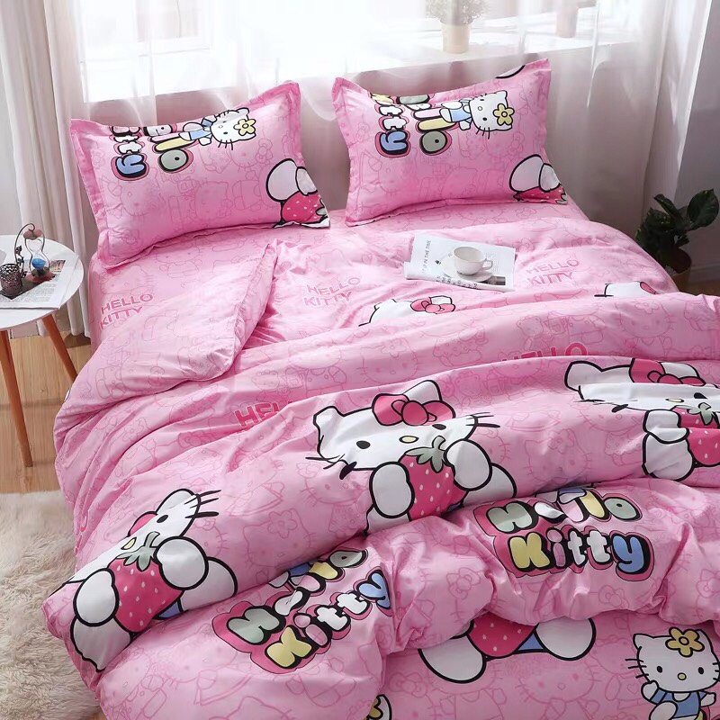 Trọn Bộ 4 Món Chăn Ga Gối Cotton Poly Nhập Mẫu HELLO KITTY HỒNG