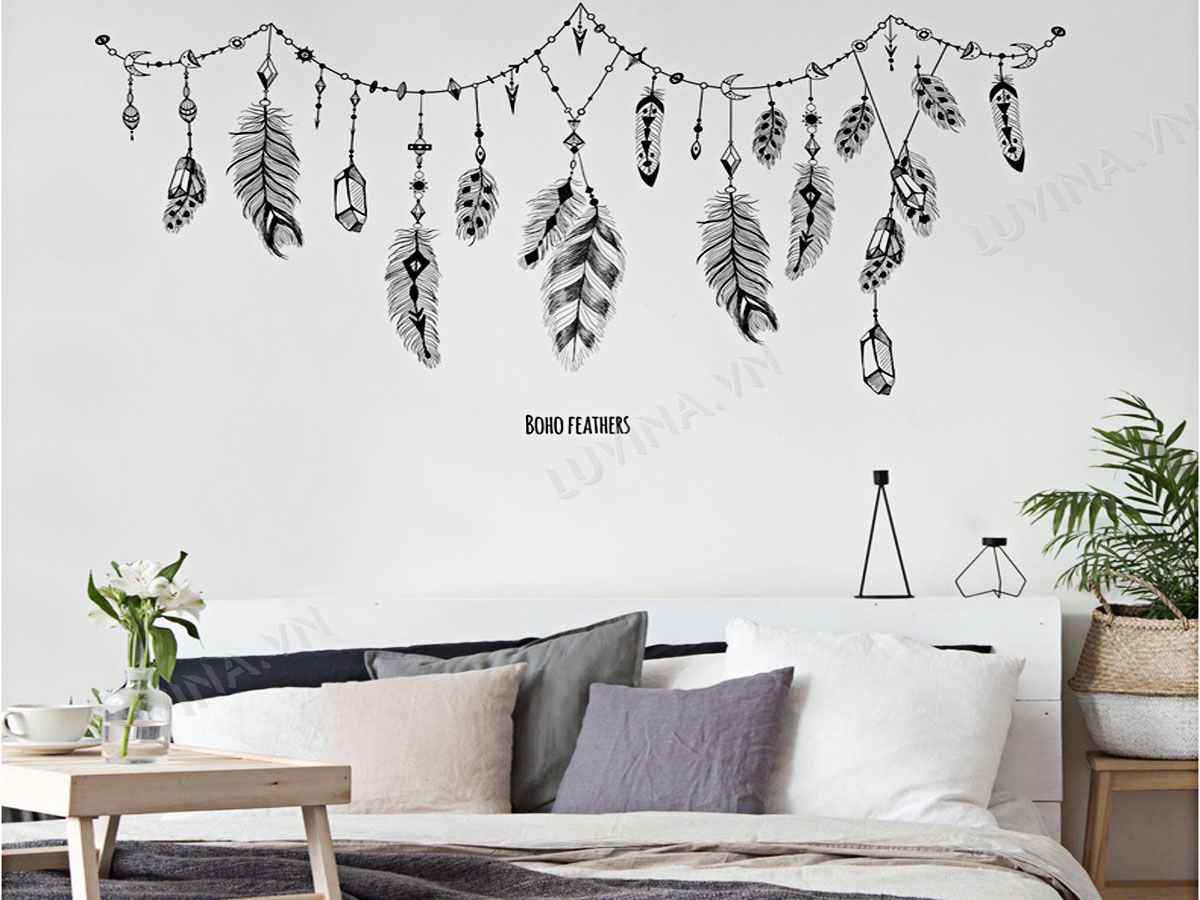 DECAL DÁN TƯỜNG LÔNG VŨ ĐEN TRẮNG