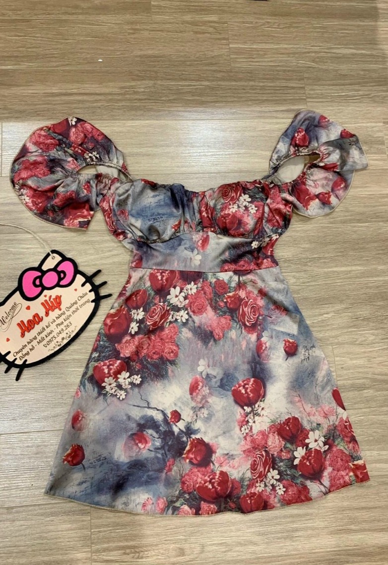 Đầm xòe tay phồng in họa tiết hoa lá xinh xắn