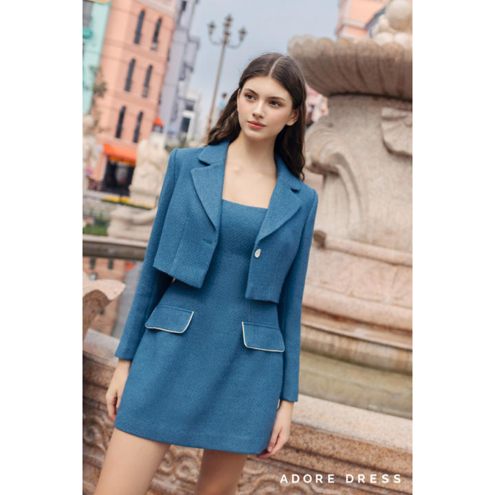 Áo khoác tweed xanh cổ vịt dáng crop…