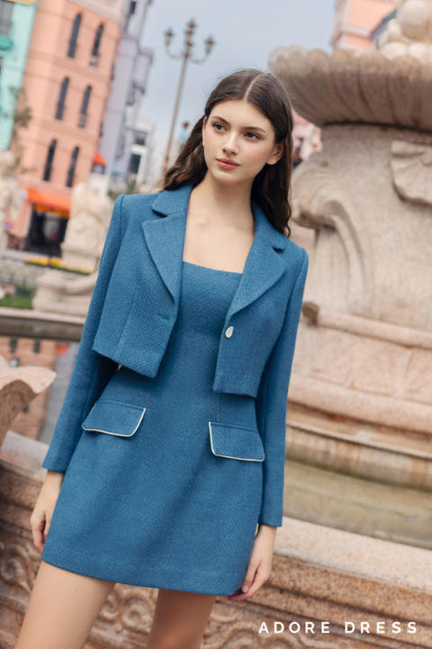 Áo khoác tweed xanh cổ vịt dáng crop…