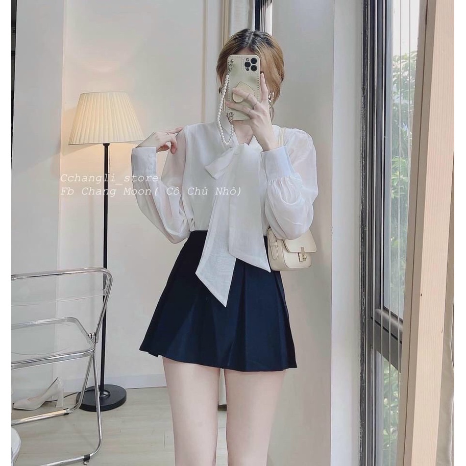 Áo sơ mi nữ cột nơ 2 màu trắng be 2 lớp