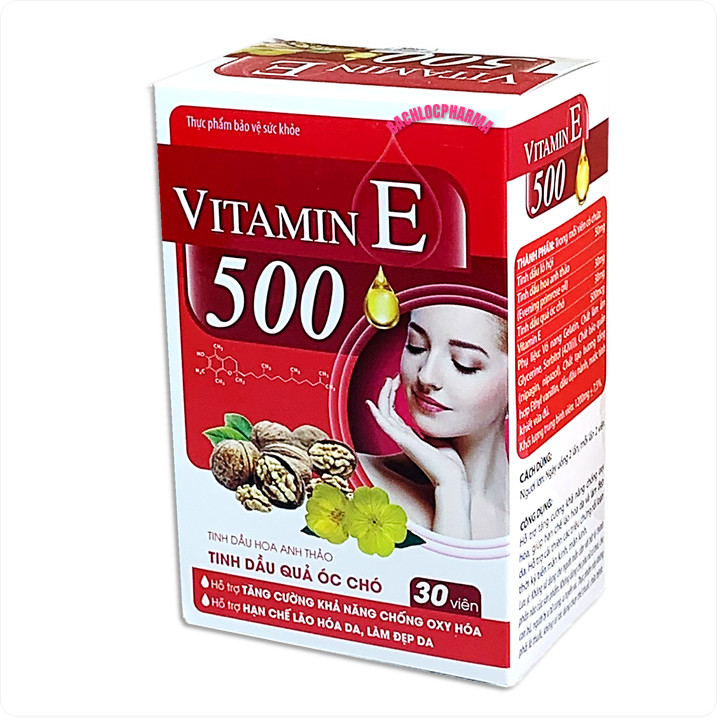 Viên uống đẹp da Vitamin E đỏ 500, Chiết xuất tinh dầu quả óc chó, hoa anh thảo, giúp trắng da, mờ nám, cân bằng nội tiết tố- hộp 30 viên