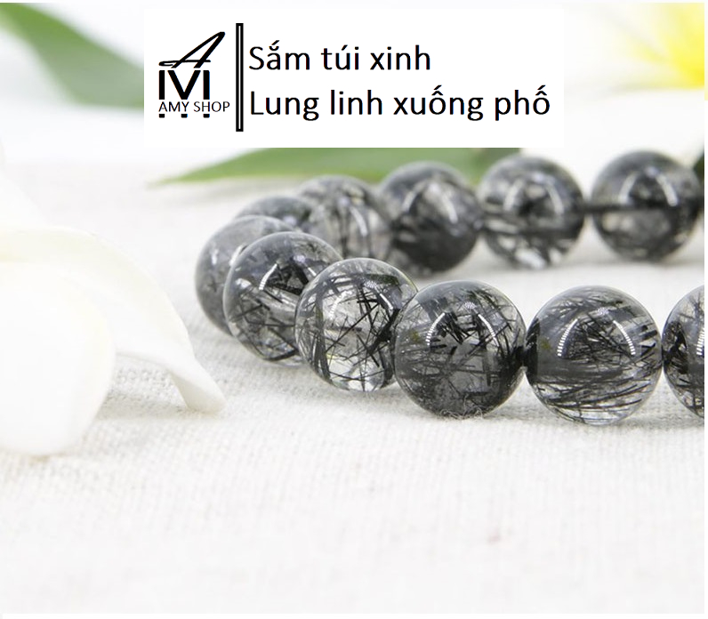 [Túi da thật Amy] Vòng tay phong thủy thạch anh tóc đen